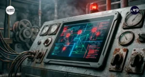 Panel de una máquina industrial bajo ciberataque.