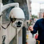 Cámara de videovigilancia quemada, mientras técnico revisa la conexión cableada de pared.