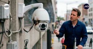 Cámara de videovigilancia quemada, mientras técnico revisa la conexión cableada de pared.