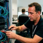 Especialista tecnico revisando conexiones en un rack.