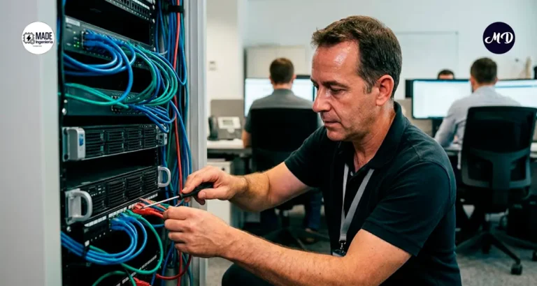 Especialista tecnico revisando conexiones en un rack.