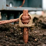 Puesta a tierra, conexión de cableado a una varilla de cobre enterrada.