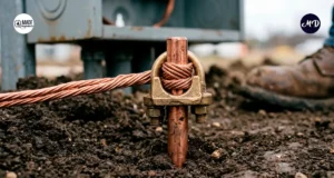 Puesta a tierra, conexión de cableado a una varilla de cobre enterrada.
