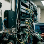 Cuarto de control de dispositivos de seguridad electronica, equipo conectado via cable con una interfaz de configuracion en la pantalla.