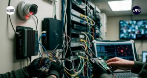 Cuarto de control de dispositivos de seguridad electronica, equipo conectado via cable con una interfaz de configuracion en la pantalla.