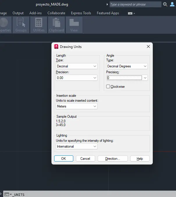 Parámetros de configuración de UNITS en AutoCAD
