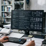 Ecuaciones matemáticas de fondo en una pantalla de computadora de escritorio.